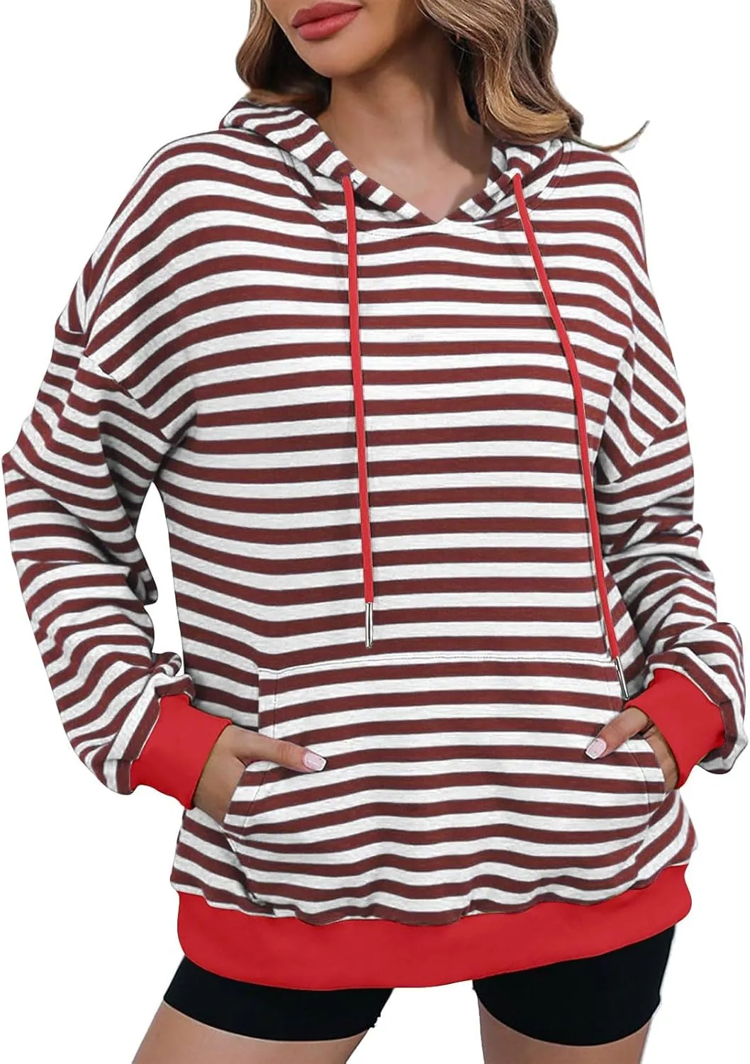 Hoodies for Women Striped Color Block Oversized Sweatshirt Drwastring Long Sleeve Fashion Pullover Sweater With Pocket