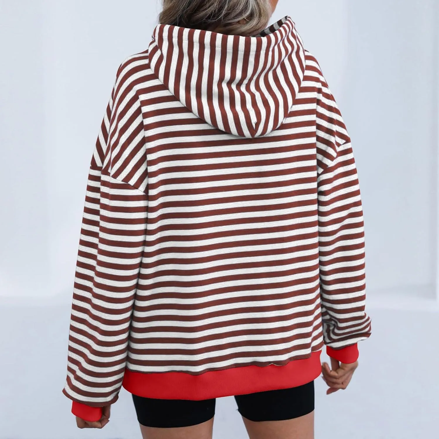 Hoodies for Women Striped Color Block Oversized Sweatshirt Drwastring Long Sleeve Fashion Pullover Sweater With Pocket