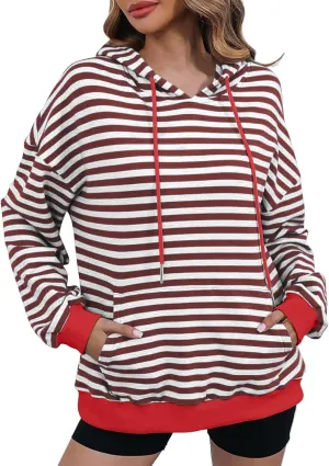 Hoodies for Women Striped Color Block Oversized Sweatshirt Drwastring Long Sleeve Fashion Pullover Sweater With Pocket