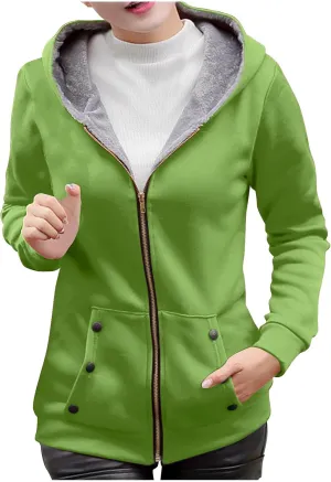 Hoodies for Women Winter Warm Fleece Sweatshirt Full Zip Up Thick Sherpa Lined Hooded Jackets Slim Fit Solid Jacket