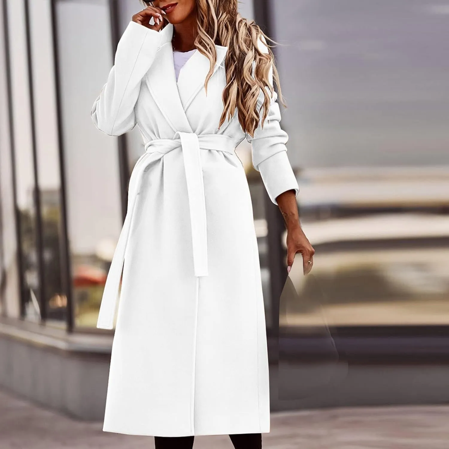 Hvyesh Womens Wool Trench Pea Coats 2024 Winter Jackets Trendy Notch Lapel Double Breasted Mid Long Warm Jacket Overcoat