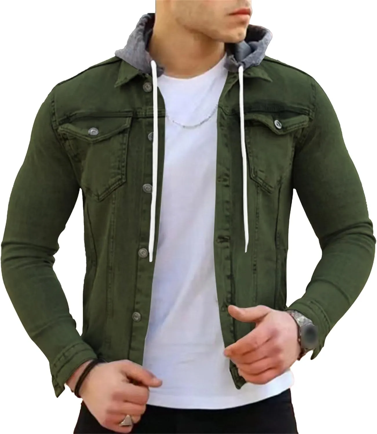 JEShifangjiusu Men'S Denim Hoodie Military Jacket Casual Slim Fit Button Down Jeans Coat Fashion Winter Denim Trucker Jacket