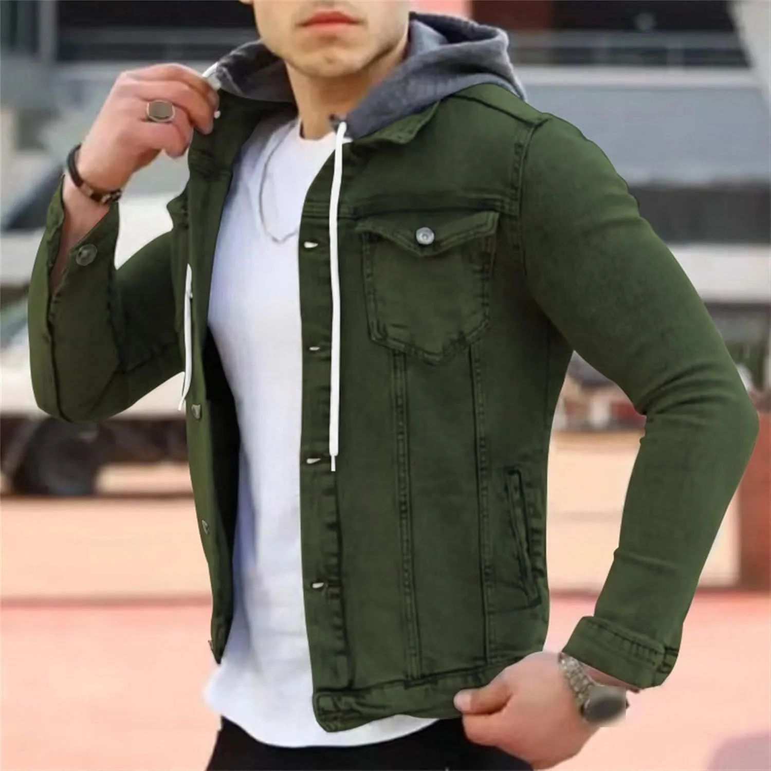 JEShifangjiusu Men'S Denim Hoodie Military Jacket Casual Slim Fit Button Down Jeans Coat Fashion Winter Denim Trucker Jacket