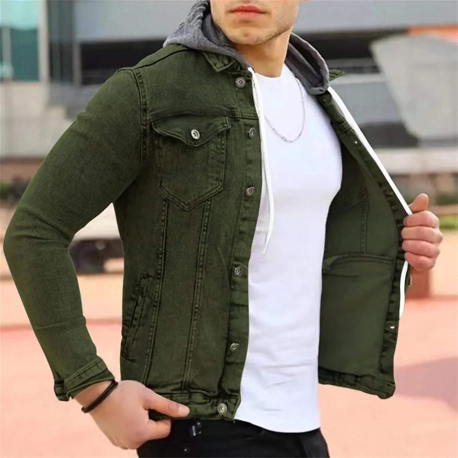 JEShifangjiusu Men'S Denim Hoodie Military Jacket Casual Slim Fit Button Down Jeans Coat Fashion Winter Denim Trucker Jacket