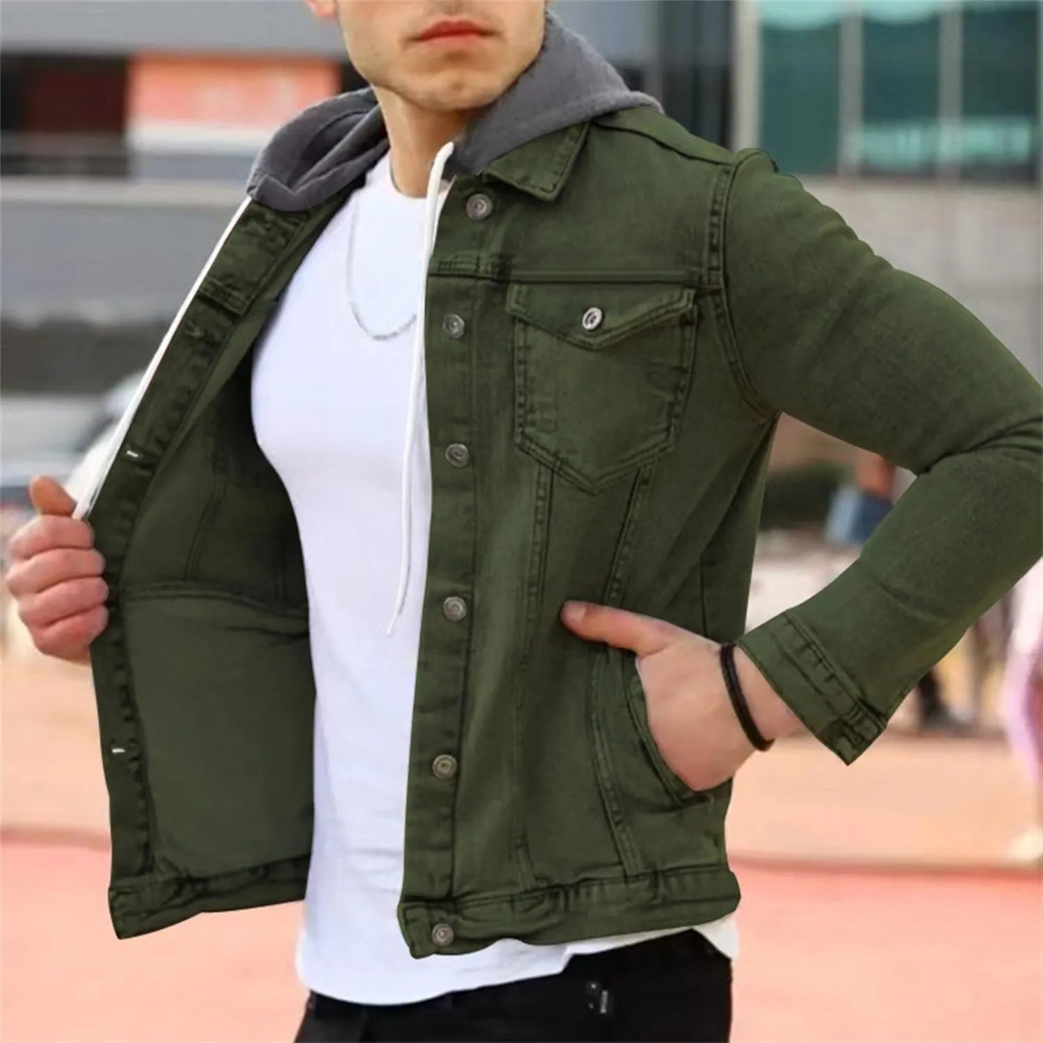 JEShifangjiusu Men'S Denim Hoodie Military Jacket Casual Slim Fit Button Down Jeans Coat Fashion Winter Denim Trucker Jacket