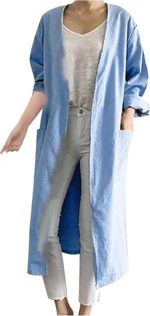 JOAU Women Fall Long Sleeve Solid Color Cotton Linen Cardigans Outwear Loose Fit Casual Lightweight Long Coat with Pockets