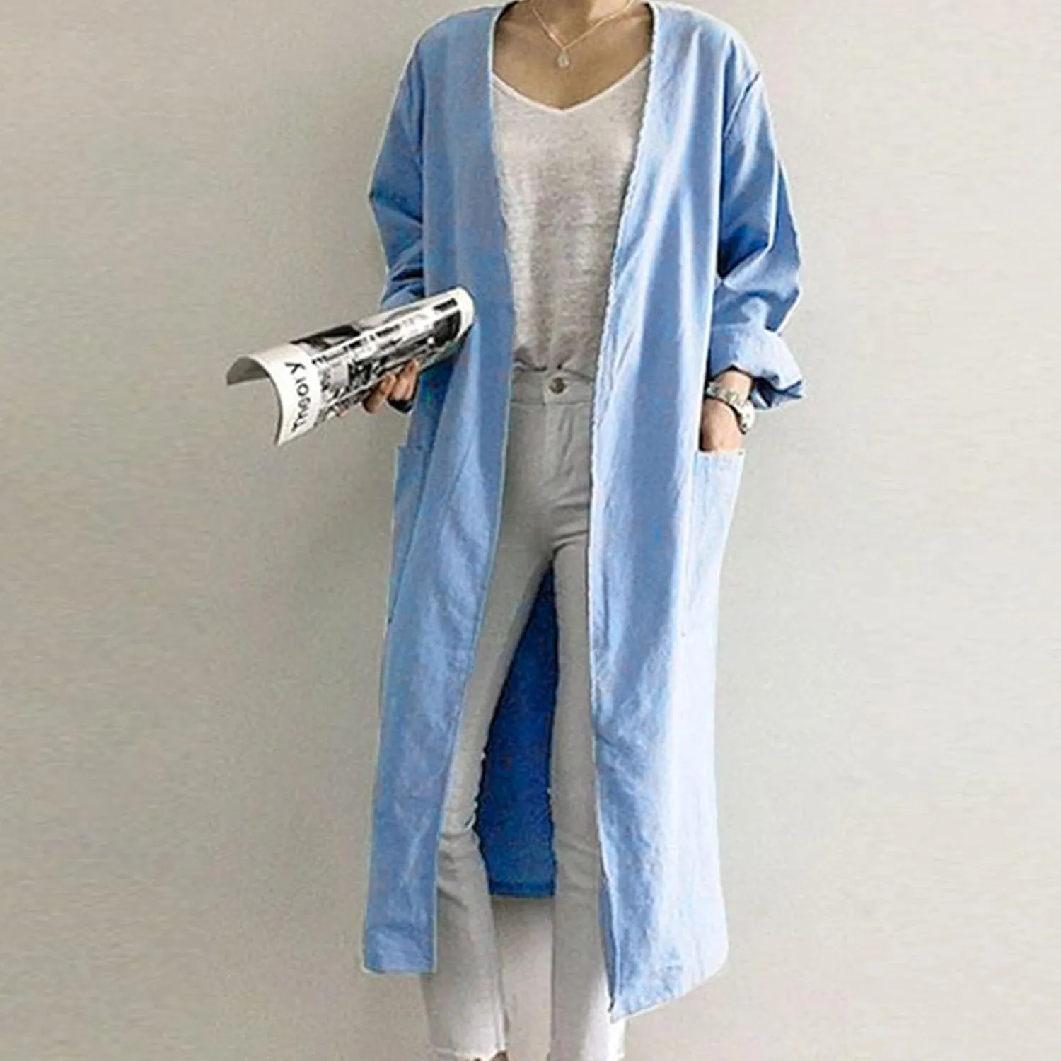 JOAU Women Fall Long Sleeve Solid Color Cotton Linen Cardigans Outwear Loose Fit Casual Lightweight Long Coat with Pockets