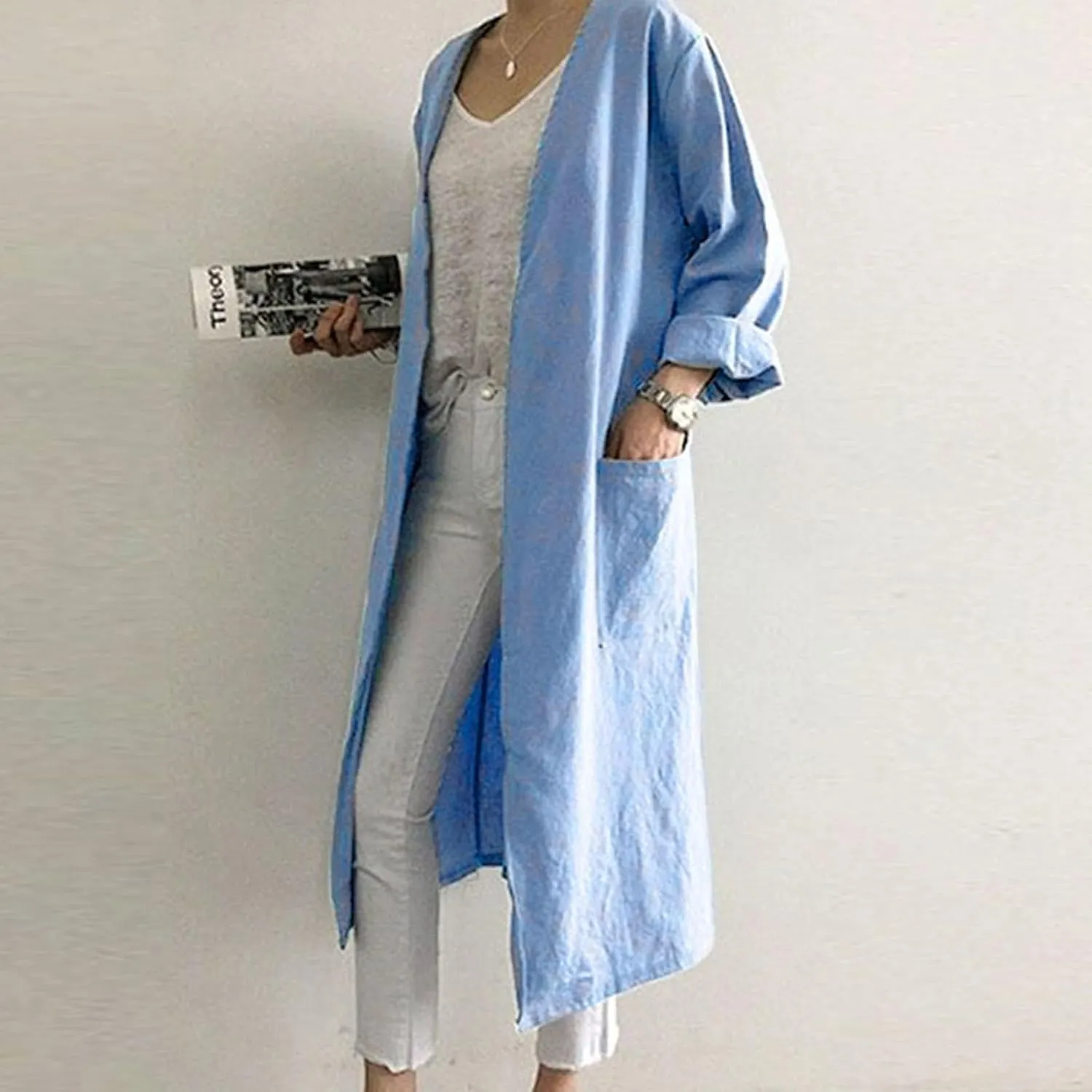 JOAU Women Fall Long Sleeve Solid Color Cotton Linen Cardigans Outwear Loose Fit Casual Lightweight Long Coat with Pockets