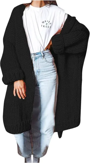 JOAU Women's Long Sleeve Chunky Knit Open Front Sweater Cardigan Loose Fit Lapel Outerwear Fall Winter Casual Long Coat Top