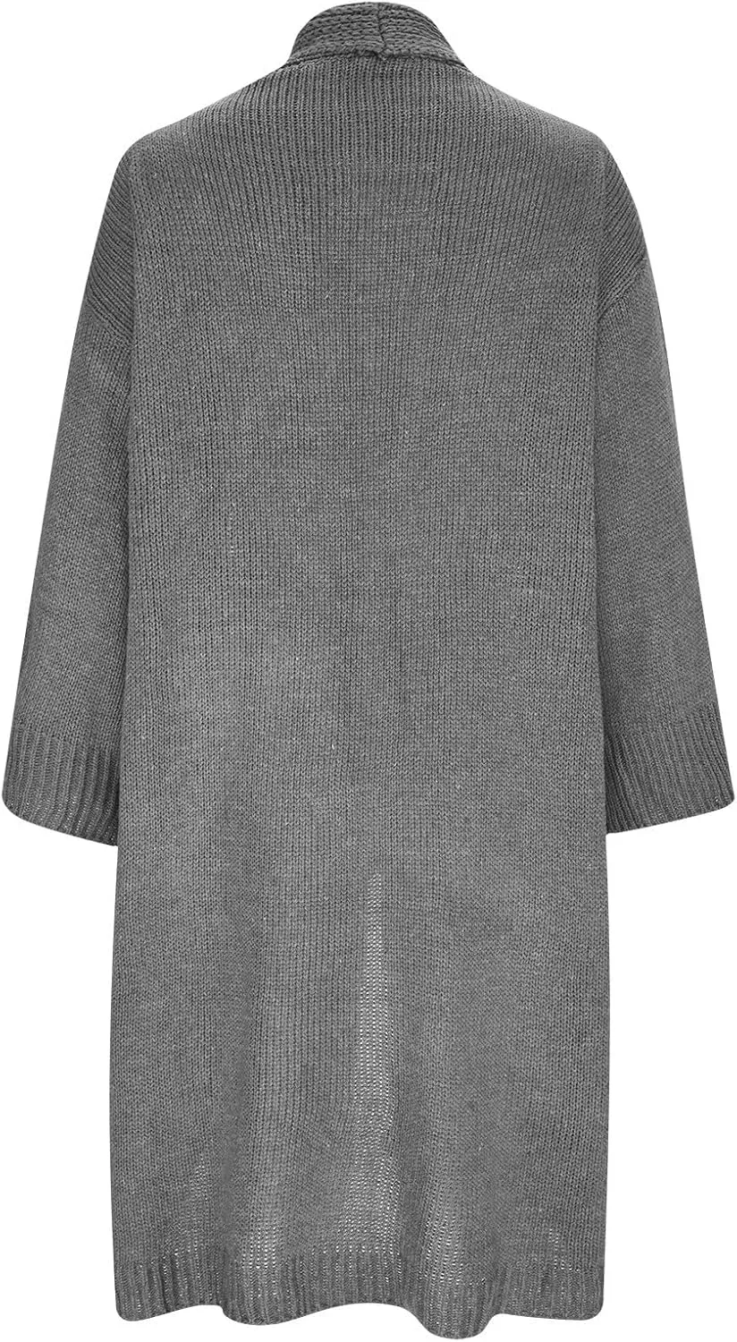 JOAU Women's Long Sleeve Chunky Knit Open Front Sweater Cardigan Loose Fit Lapel Outerwear Fall Winter Casual Long Coat Top