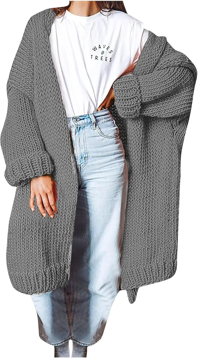 JOAU Women's Long Sleeve Chunky Knit Open Front Sweater Cardigan Loose Fit Lapel Outerwear Fall Winter Casual Long Coat Top