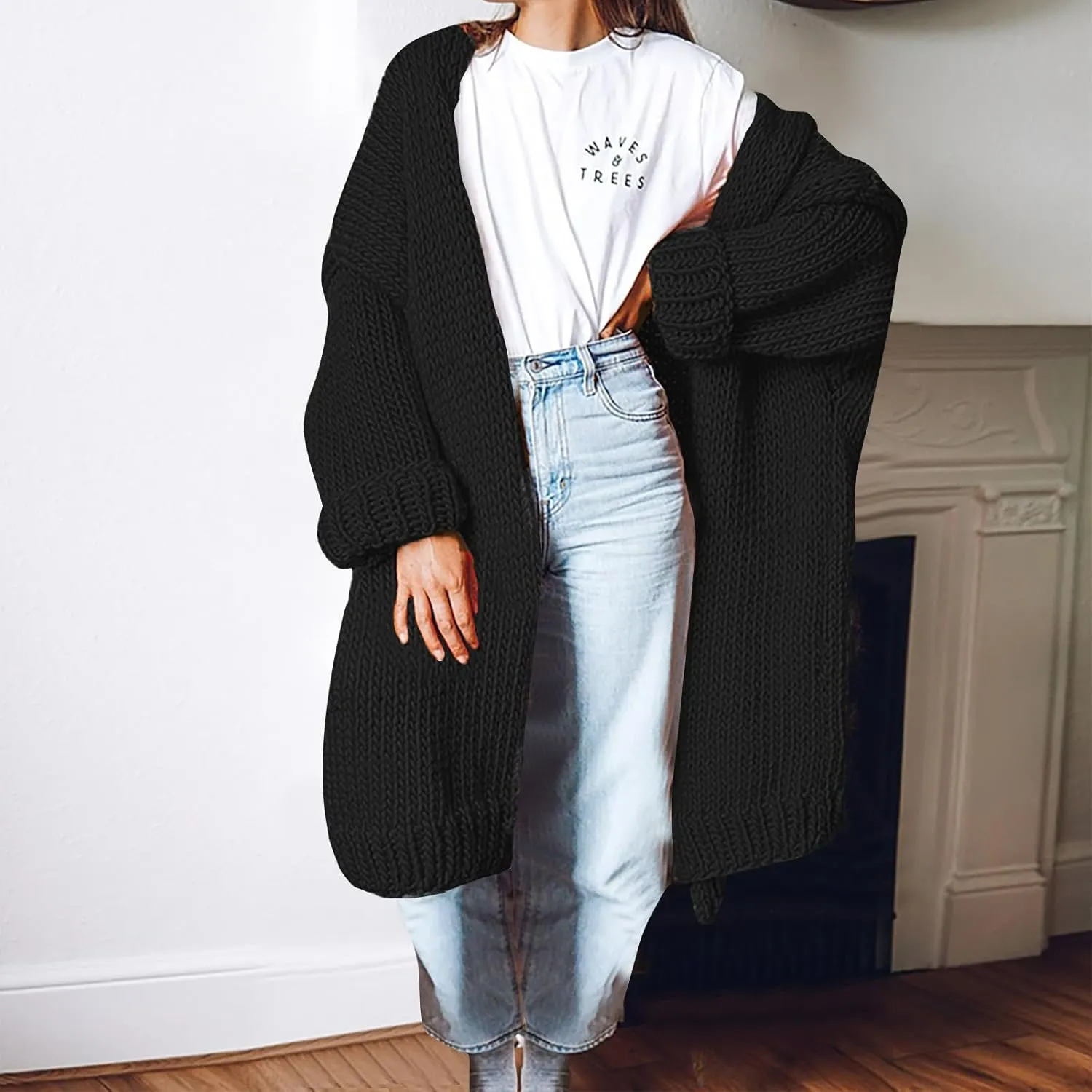 JOAU Women's Long Sleeve Chunky Knit Open Front Sweater Cardigan Loose Fit Lapel Outerwear Fall Winter Casual Long Coat Top