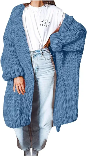 JOAU Women's Long Sleeve Chunky Knit Open Front Sweater Cardigan Loose Fit Lapel Outerwear Fall Winter Casual Long Coat Top