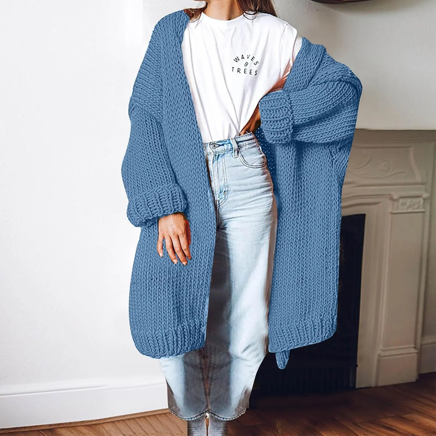 JOAU Women's Long Sleeve Chunky Knit Open Front Sweater Cardigan Loose Fit Lapel Outerwear Fall Winter Casual Long Coat Top