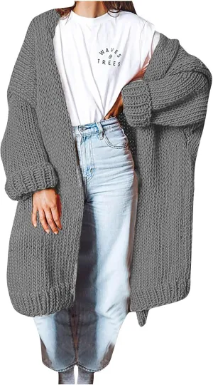 JOAU Women's Long Sleeve Chunky Knit Open Front Sweater Cardigan Loose Fit Lapel Outerwear Fall Winter Casual Long Coat Top