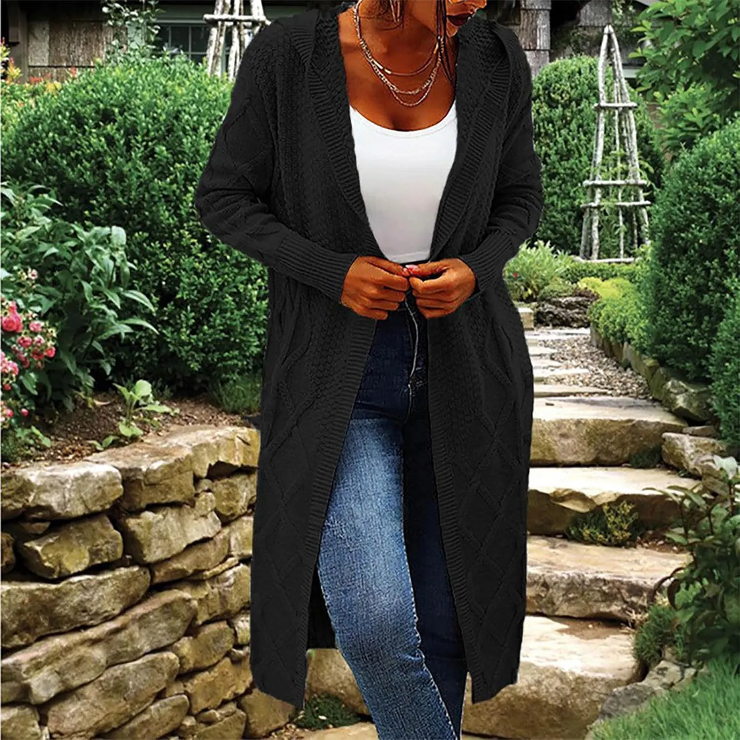 JOAU Women's Long Sleeve Open Front Cardigan Chunky Cable Knit Hooded Sweater Casual Loose Fit Midi Fall Winter Coat Top