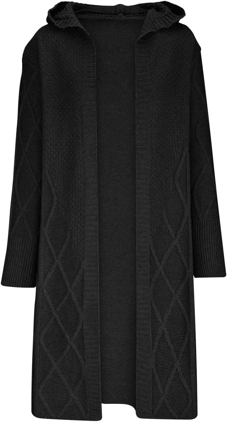 JOAU Women's Long Sleeve Open Front Cardigan Chunky Cable Knit Hooded Sweater Casual Loose Fit Midi Fall Winter Coat Top