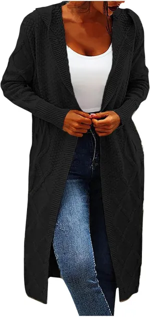 JOAU Women's Long Sleeve Open Front Cardigan Chunky Cable Knit Hooded Sweater Casual Loose Fit Midi Fall Winter Coat Top
