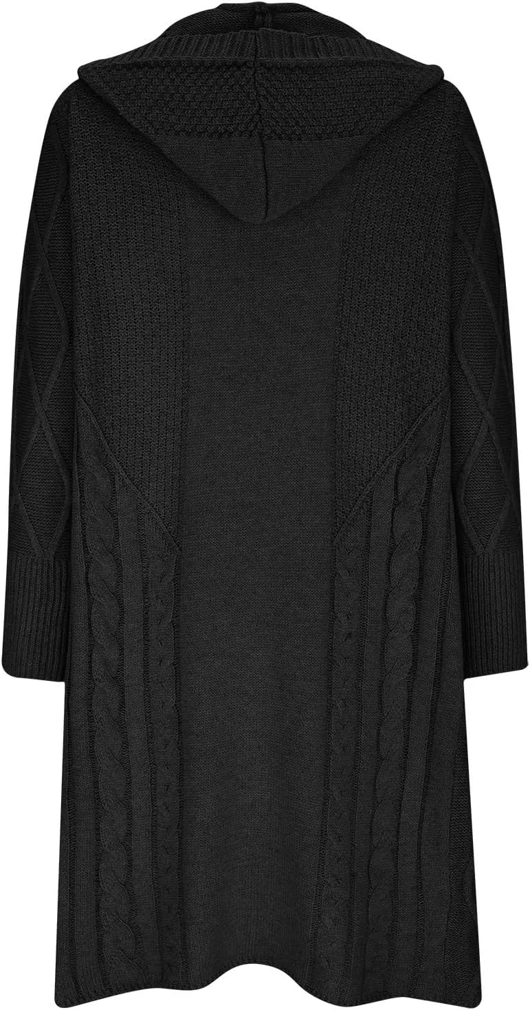 JOAU Women's Long Sleeve Open Front Cardigan Chunky Cable Knit Hooded Sweater Casual Loose Fit Midi Fall Winter Coat Top