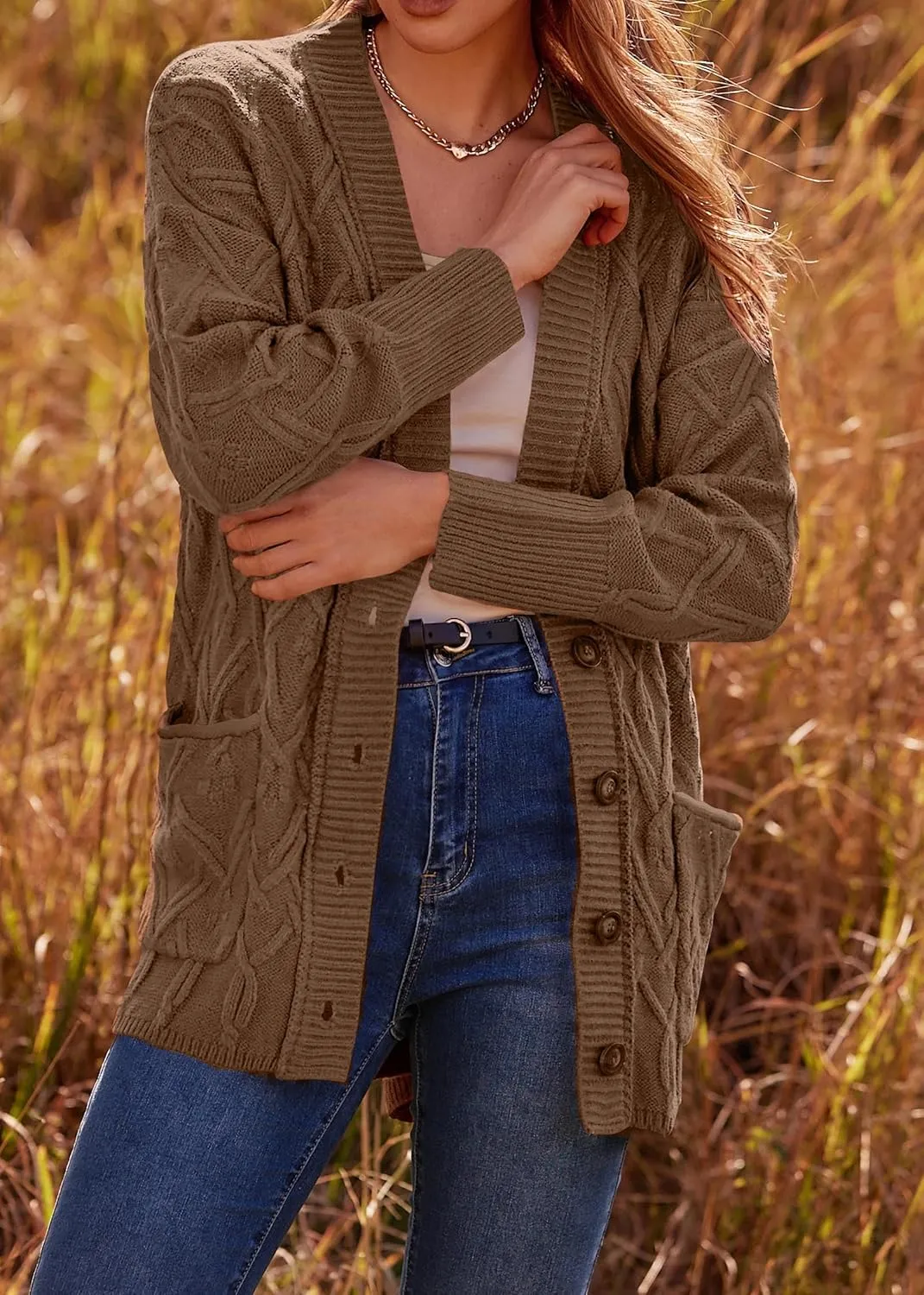 KIRUNDO Women 2024 Fall Winter Oversized Button Down Cable Knit Cardigan Casual Long Sleeve Open Front Chunky Sweater Coat