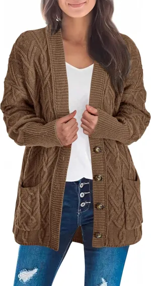 KIRUNDO Women 2024 Fall Winter Oversized Button Down Cable Knit Cardigan Casual Long Sleeve Open Front Chunky Sweater Coat