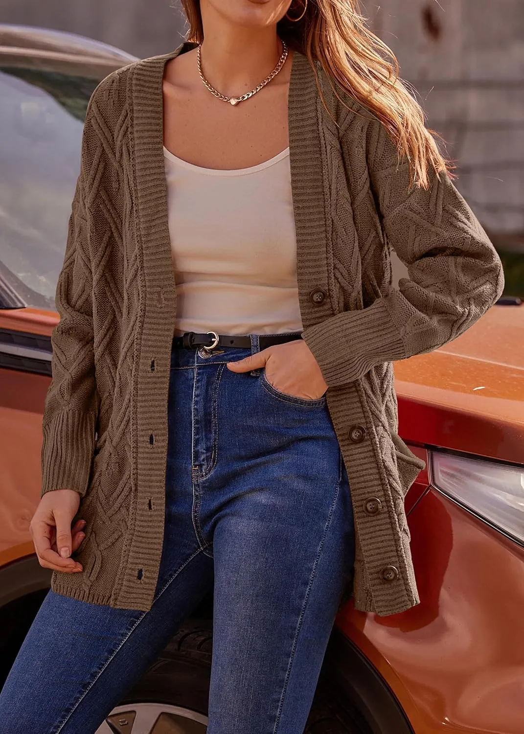 KIRUNDO Women 2024 Fall Winter Oversized Button Down Cable Knit Cardigan Casual Long Sleeve Open Front Chunky Sweater Coat