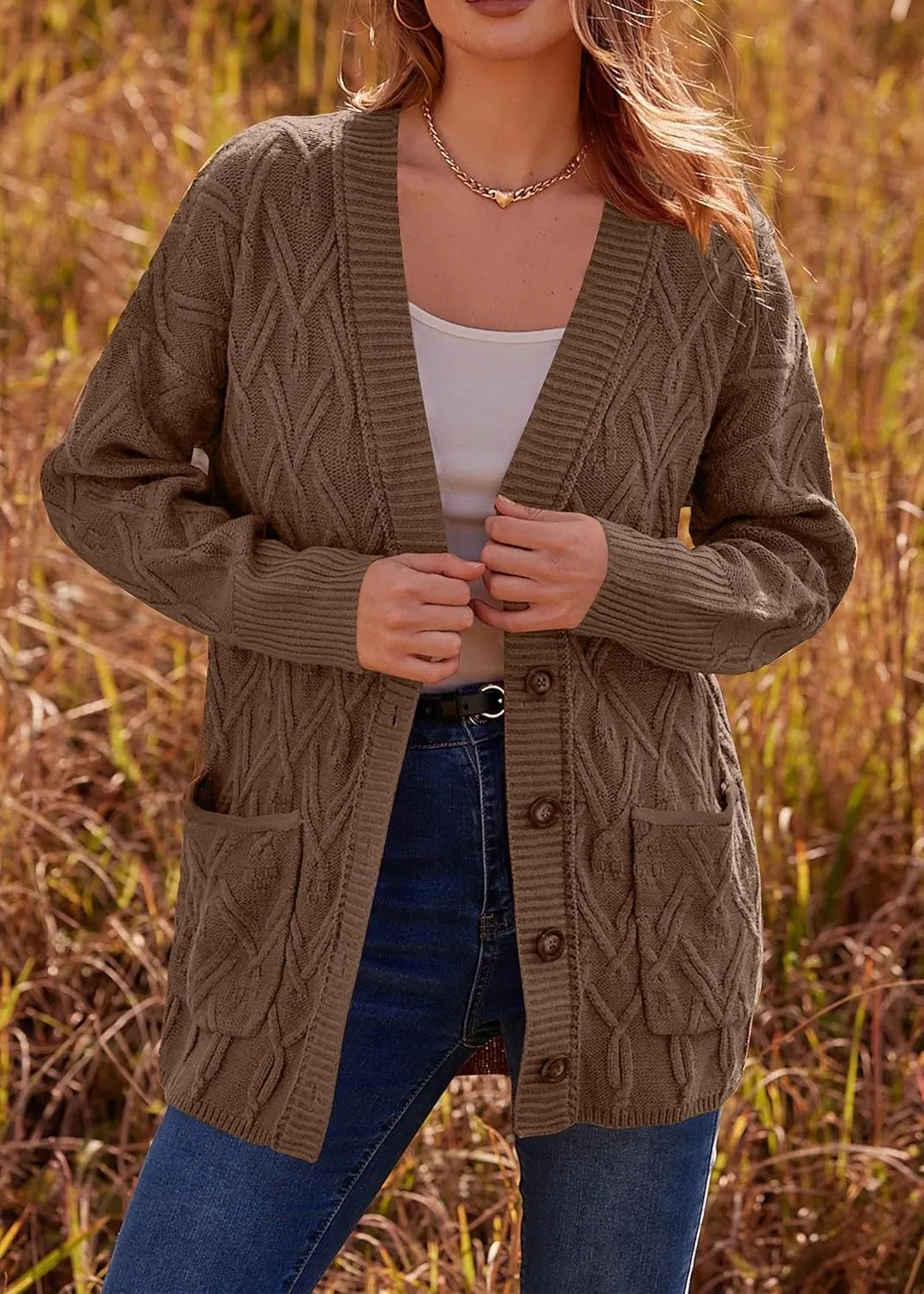 KIRUNDO Women 2024 Fall Winter Oversized Button Down Cable Knit Cardigan Casual Long Sleeve Open Front Chunky Sweater Coat
