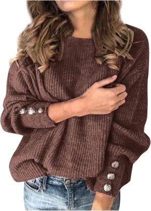 Knit Sweater for Women Solid Button Sleeve Fall Sweater Turtleneck Oversized Sweaters Comfy Warm Pullover Tops S-5XL