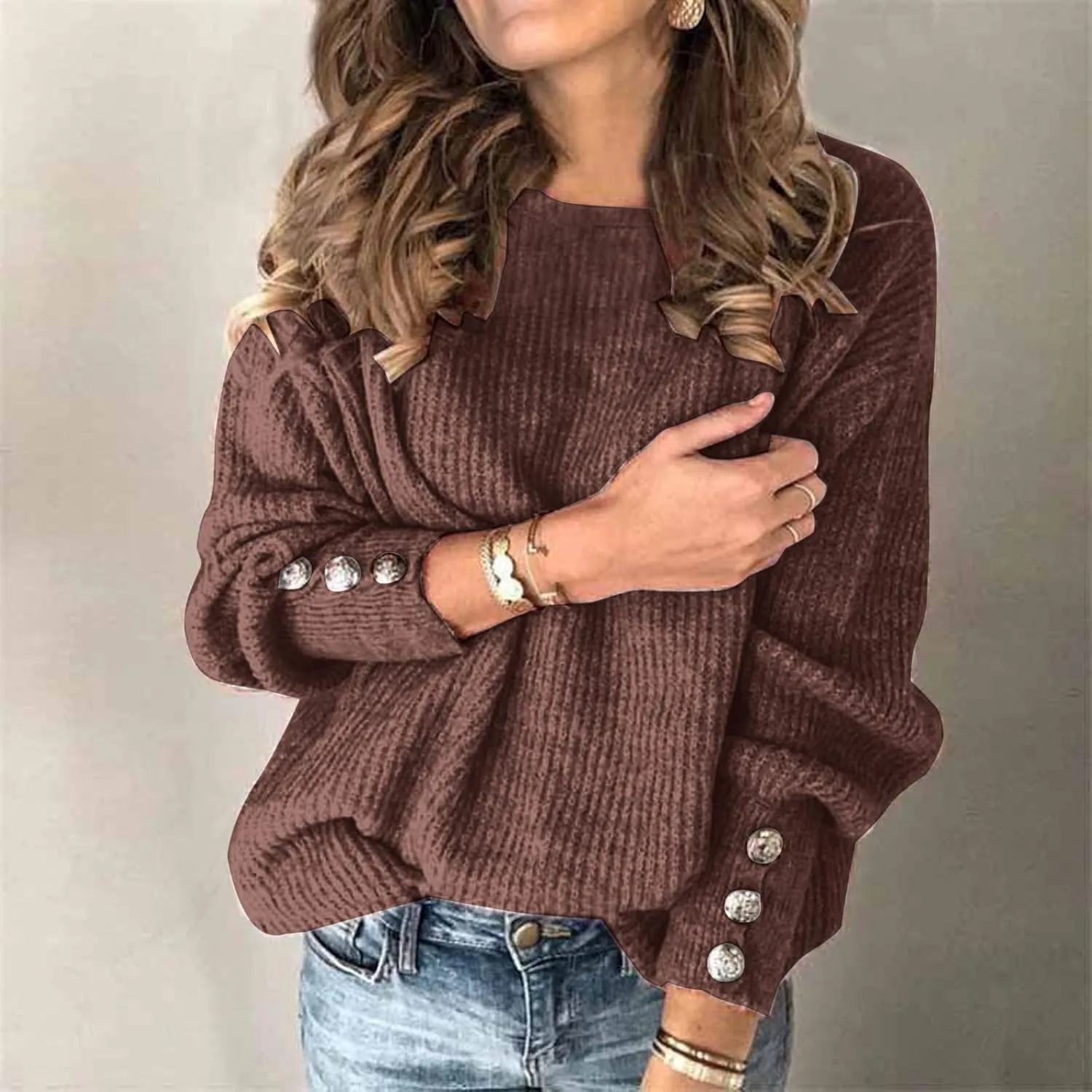 Knit Sweater for Women Solid Button Sleeve Fall Sweater Turtleneck Oversized Sweaters Comfy Warm Pullover Tops S-5XL