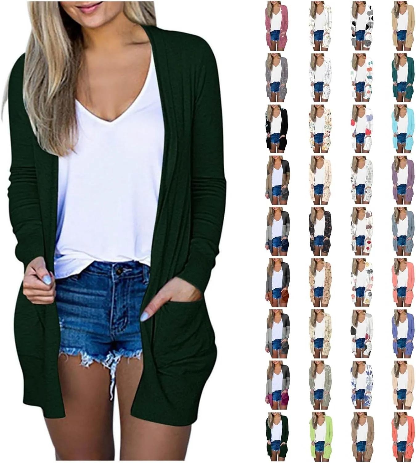 Ladies Long Sleeve Cardigan Loose Mid-Length Comfy 2025 Printed Slim Blouse Dressy Coat Tee Fashion with Pocket
