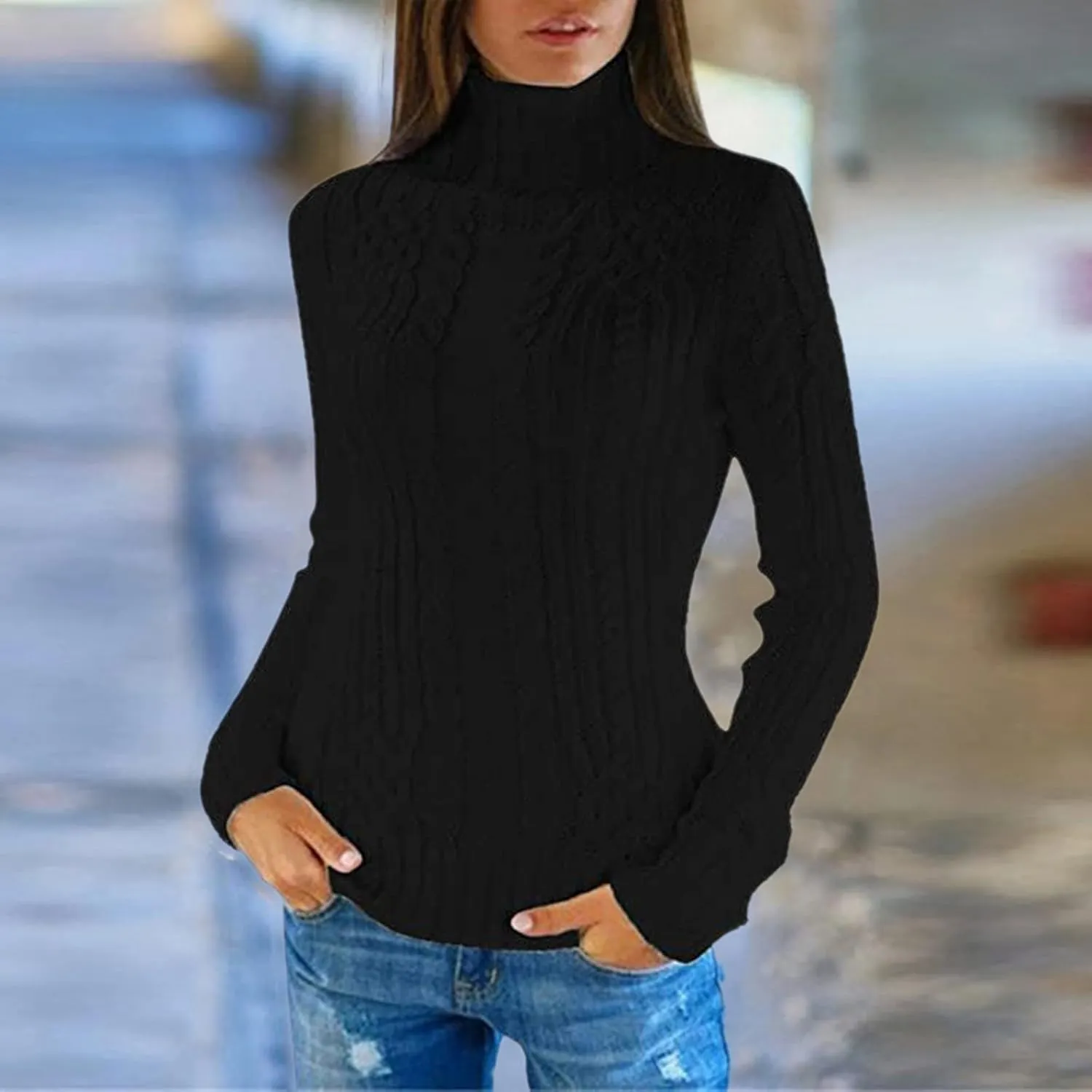 LCMTWX Oversized Sweater for Women Turtleneck Long Sleeved Knitted Sweater Round Neck Striped Women's Oversized Sweaters