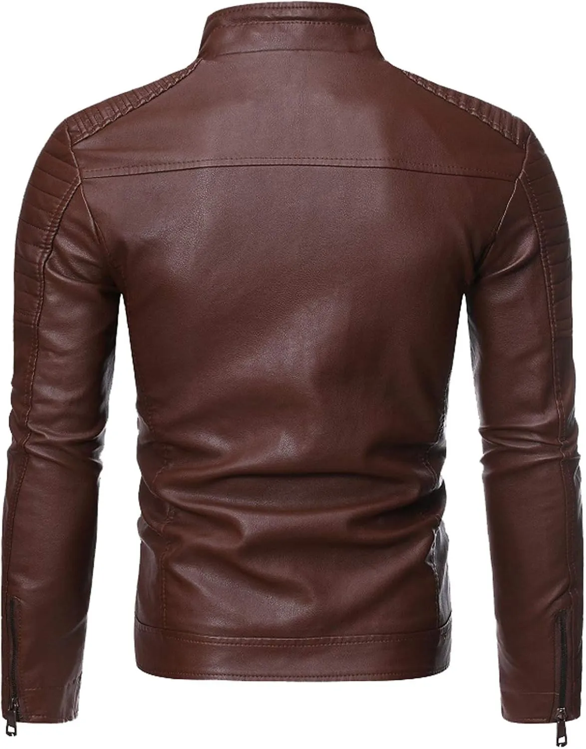 Leather Jacket Men Slim Fit Stand Collar Faux Leather Jacket Zip-Up Motorcycle Biker Jacket with Multi-Pockets