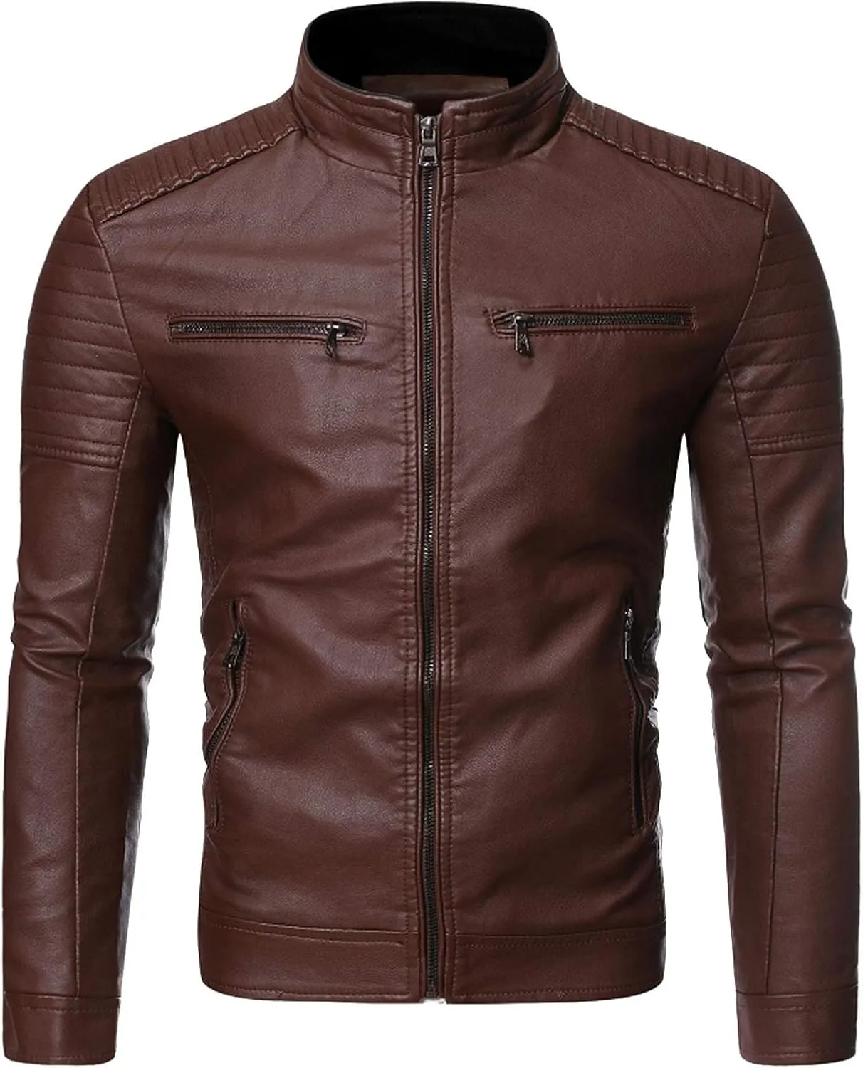 Leather Jacket Men Slim Fit Stand Collar Faux Leather Jacket Zip-Up Motorcycle Biker Jacket with Multi-Pockets