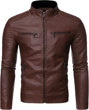 Leather Jacket Men Slim Fit Stand Collar Faux Leather Jacket Zip-Up Motorcycle Biker Jacket with Multi-Pockets