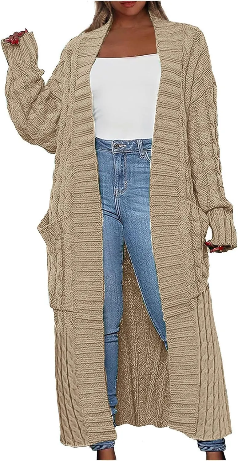 Long Cardigan Sweaters for Women Casual Cable Knit Chunky Sweater Coats Solid Color Trendy Comfy Maxi Outerwear