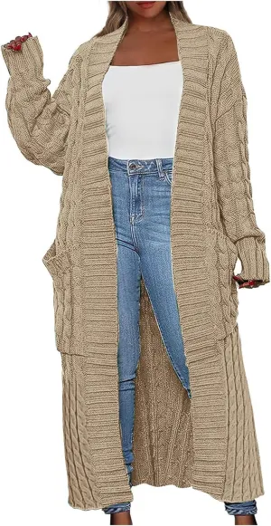 Long Cardigan Sweaters for Women Casual Cable Knit Chunky Sweater Coats Solid Color Trendy Comfy Maxi Outerwear