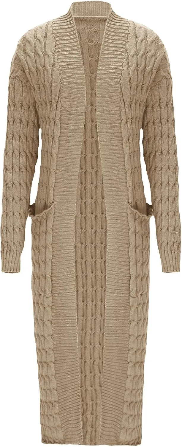 Long Cardigan Sweaters for Women Casual Cable Knit Chunky Sweater Coats Solid Color Trendy Comfy Maxi Outerwear