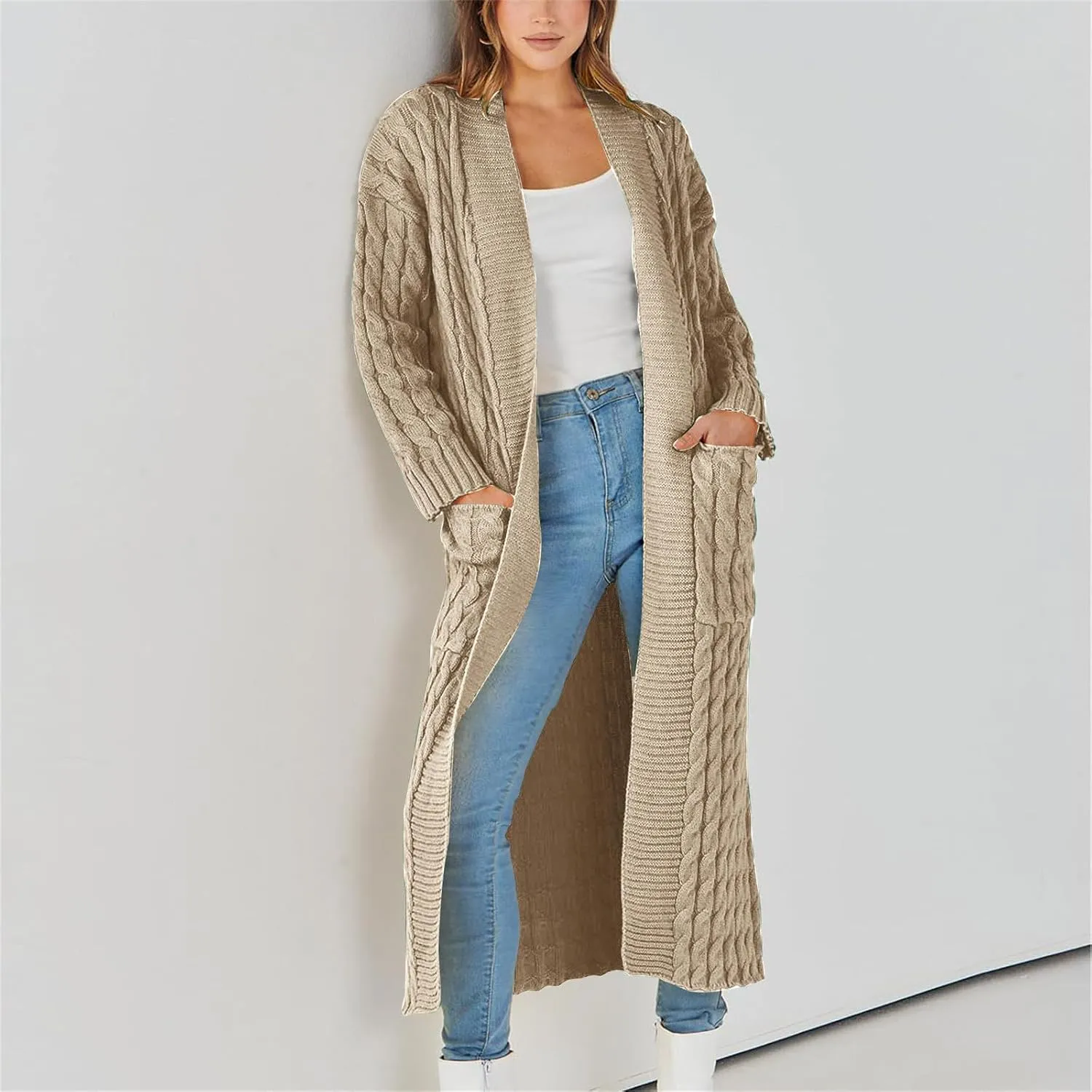 Long Cardigan Sweaters for Women Casual Cable Knit Chunky Sweater Coats Solid Color Trendy Comfy Maxi Outerwear