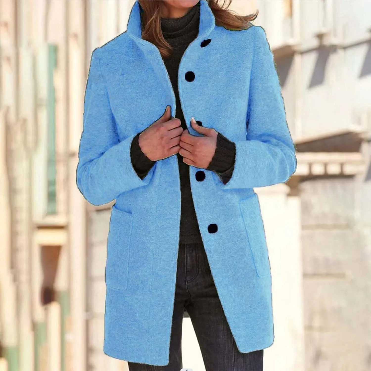 Long Coats for Women Winter Warm Stand Collar Breasted Wool Coats Wool Blend Peacoat Thicken Fashion Casual