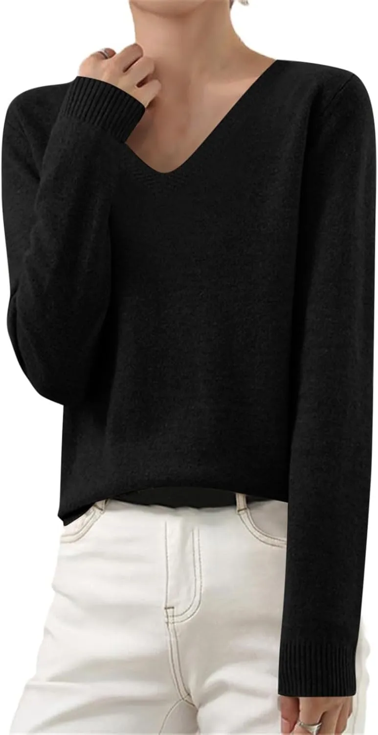 Long Sleeve Sweaters for Women Sexy v Neck Lightweight Knitted Sweater Tops Casual Loose Soft Pullover Jumper