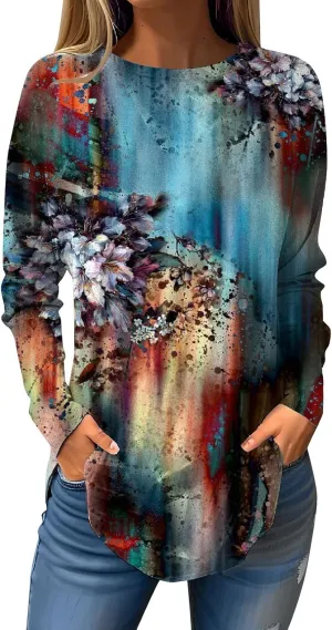 Long Sleeve Tunic Tops for Women Loose Fit Dressy Fall Tie Dye Gradient Sweatshirts Round Neck Oversized Tunic Tops Classic Fit Winter Floral Print Women Blouses Dressy Casual Light Blue S