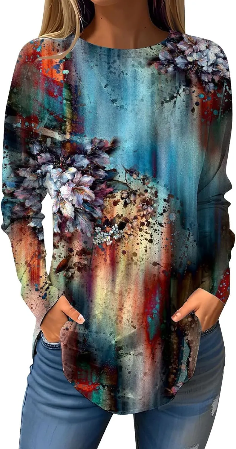 Long Sleeve Tunic Tops for Women Loose Fit Dressy Fall Tie Dye Gradient Sweatshirts Round Neck Oversized Tunic Tops Classic Fit Winter Floral Print Women Blouses Dressy Casual Light Blue S