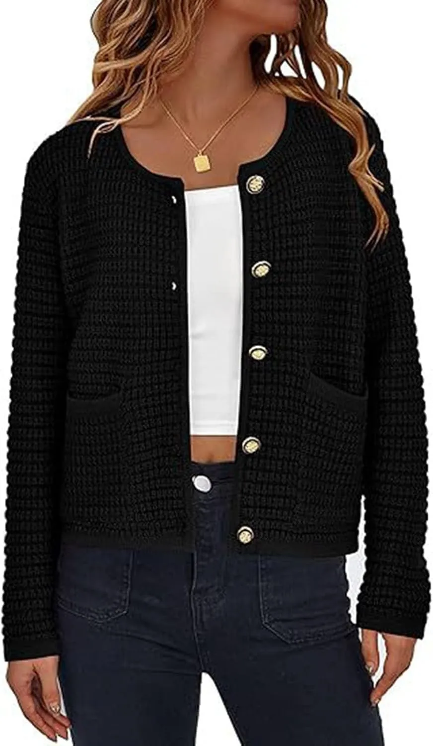 Lpmadey Women's 2024 Fall Casual Long Sleeve Button Down Open Front Cable Knit Cardigan Sweater Coat Jackets with Pockets