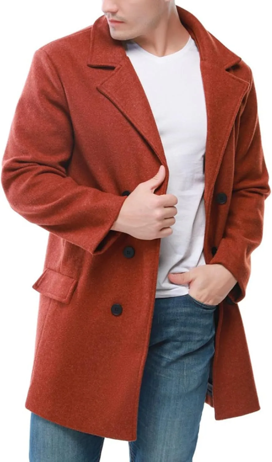 Maiyifu-GJ Long Wool Blend Overcoat for Men Notched Collar Double Breasted Coat Classic Warm Winter Slim Fit Trench Coats