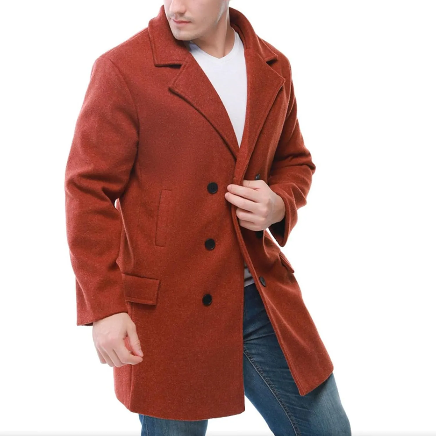Maiyifu-GJ Long Wool Blend Overcoat for Men Notched Collar Double Breasted Coat Classic Warm Winter Slim Fit Trench Coats