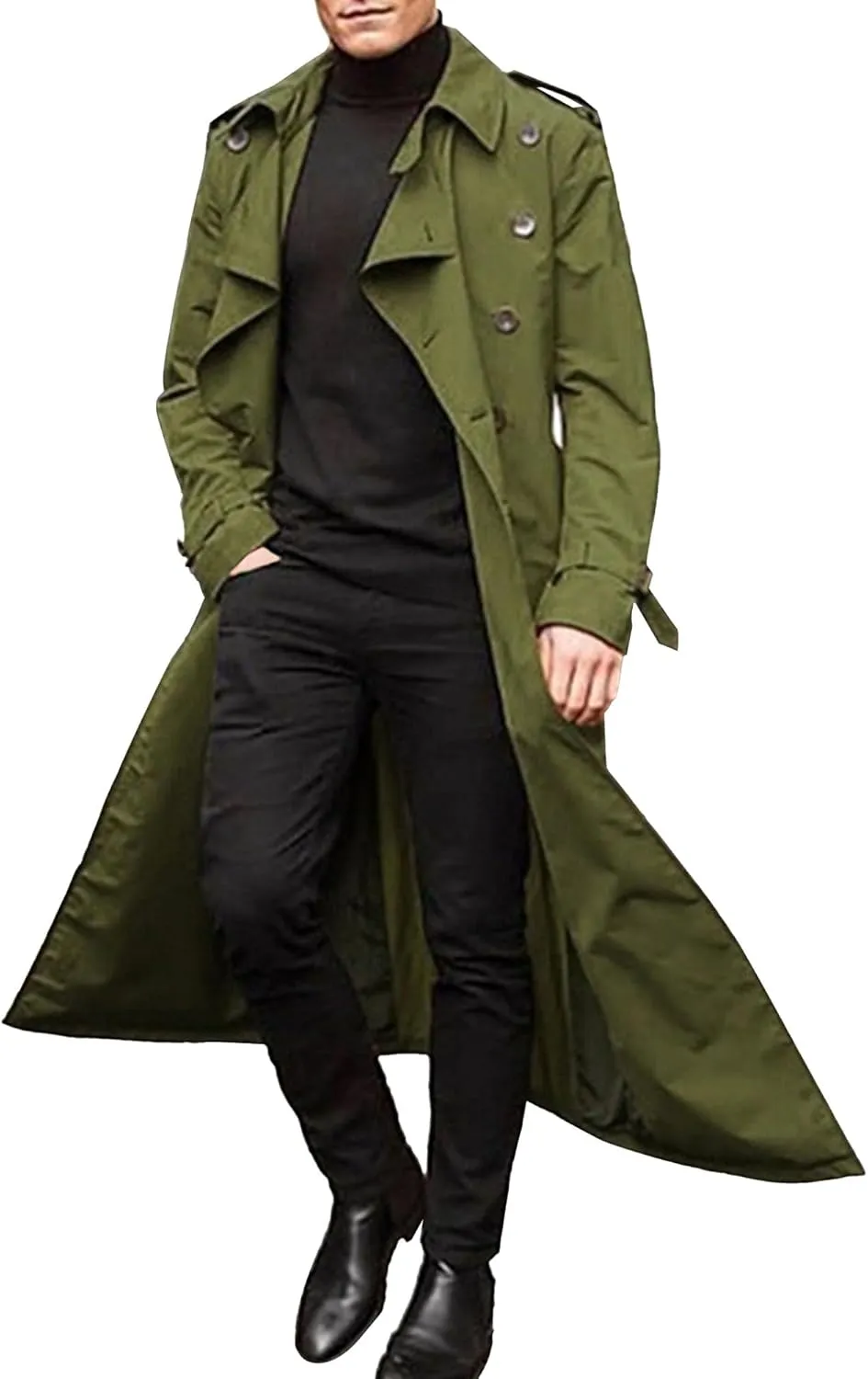 Maiyifu-GJ Men's Mid-Length Trench Coat Slim Fit Double Breasted Long Overcoat Autumn Winter Lapel Windbreaker Jacket