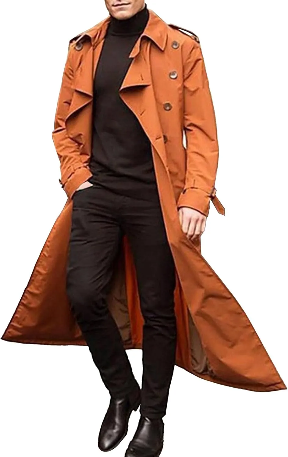 Maiyifu-GJ Men's Mid-Length Trench Coat Slim Fit Double Breasted Long Overcoat Autumn Winter Lapel Windbreaker Jacket