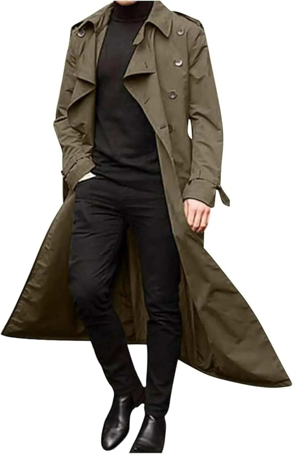 Maiyifu-GJ Men's Mid-Length Trench Coat Slim Fit Double Breasted Long Overcoat Winter Lapel Windbreaker Jackets