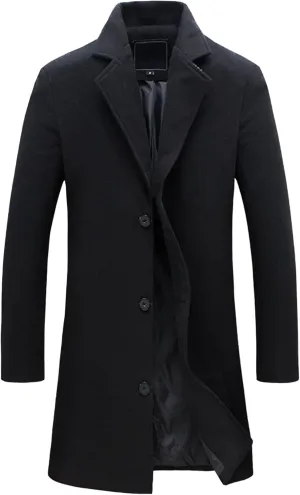 Maiyifu-GJ Mens Slim Fit Long Trench Coat Wool Blend Overcoat Warm Winter Single Breasted Coat Mid-Length Outerwear