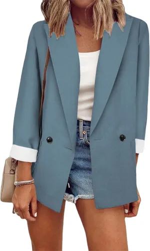 MAYRAIN Women's Casual Solid Color Blazers Utility Pockets Lapel Outerwears Spring-Summer Business Cardigan Jackets